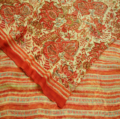 Women Vintage Sari Beige & red Pure Chiffon Silk Block Printed Saree Craft Fabric Sewing 5Yard Soft Light Sari Dress Making