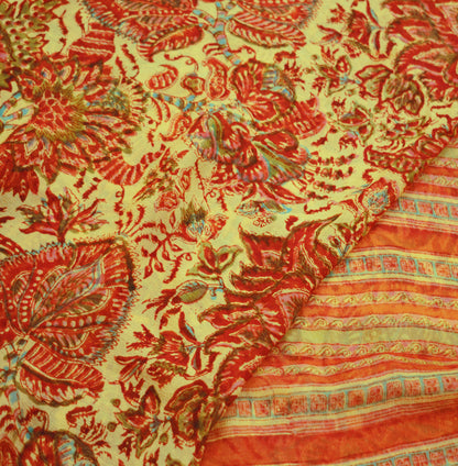 Women Vintage Sari Beige & red Pure Chiffon Silk Block Printed Saree Craft Fabric Sewing 5Yard Soft Light Sari Dress Making