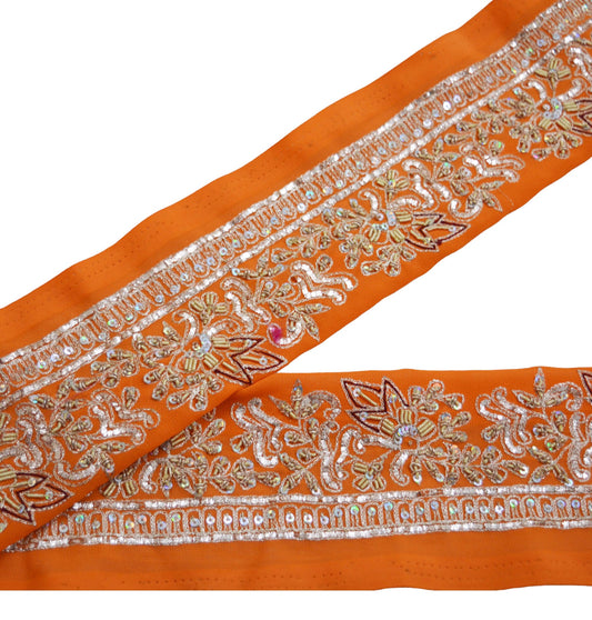 Indian Vintage Orange Sari Border Hand Embroidered Indian Craft Trim Lace Sewing Pure Georgette Silk Ribbon Recycled Sari Border Zardozi