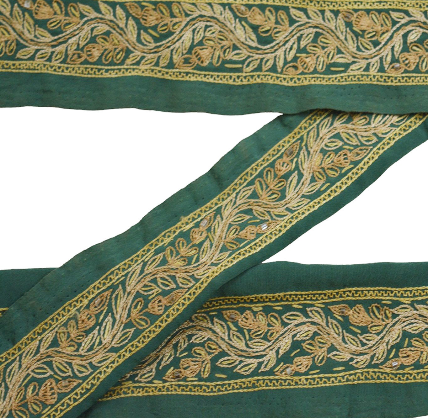 Indian Vintage Green Sari Border Hand Embroidered Indian Craft Trim Lace Sewing Sari Ribbon Crepe