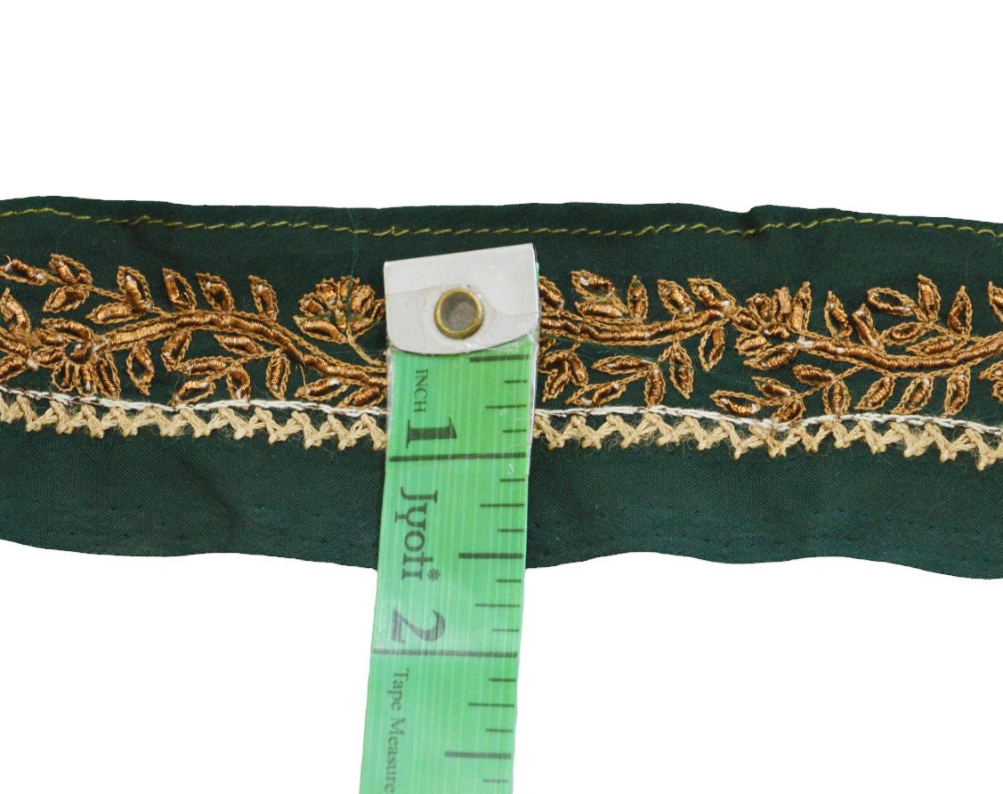 Indian Vintage Dark Bottle Green Sari Border Hand Embroidered Indian Craft Trim Lace Sewing Sari Ribbon Pure Crepe silk  Zardozi/Dabka Zari