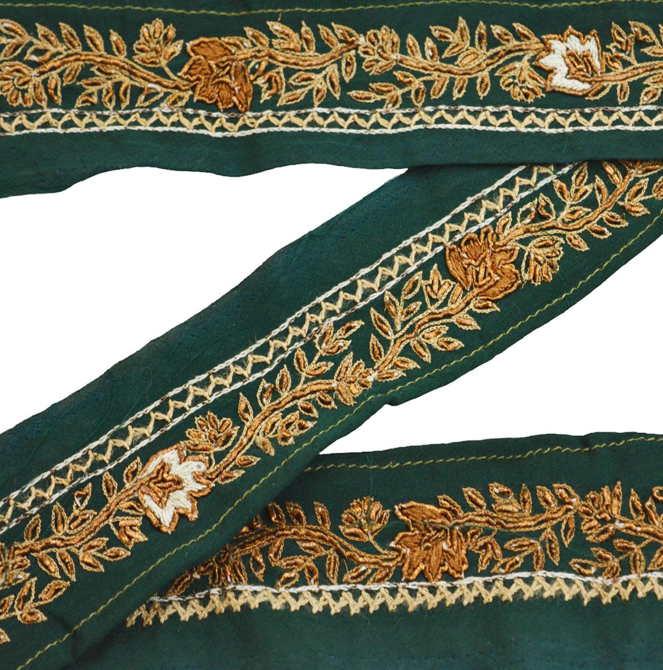 Indian Vintage Dark Bottle Green Sari Border Hand Embroidered Indian Craft Trim Lace Sewing Sari Ribbon Pure Crepe silk  Zardozi/Dabka Zari