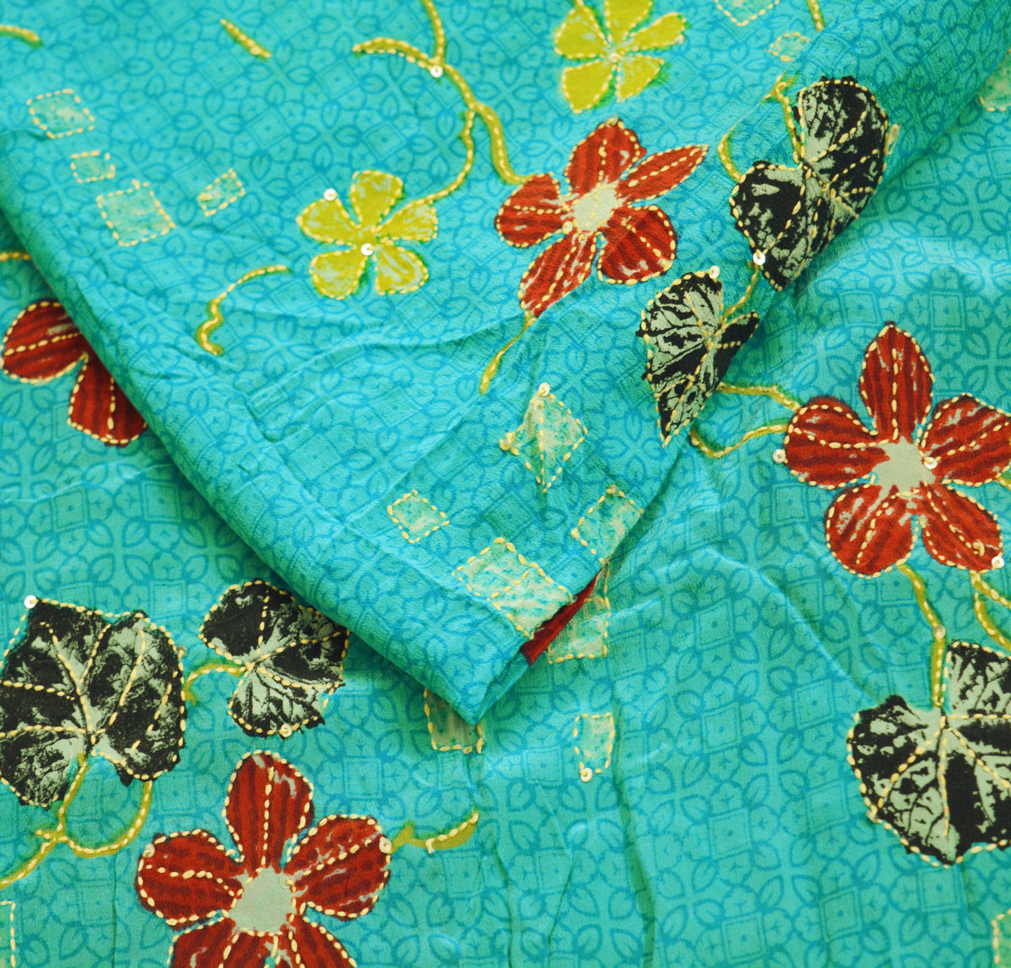 Indian Vintage Sari Blue Pure Crepe Silk Hand Embroidered Kantha Saree 5yard Sewing Floral Soft Floral