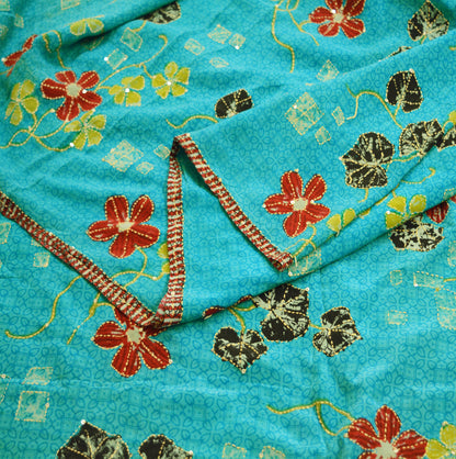 Indian Vintage Sari Blue Pure Crepe Silk Hand Embroidered Kantha Saree 5yard Sewing Floral Soft Floral