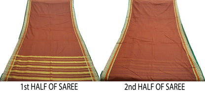 Vintage Sari Brown Pure Cotton Hand Woven Saree Golden Zari 5Yard Soft Floral Ethnic