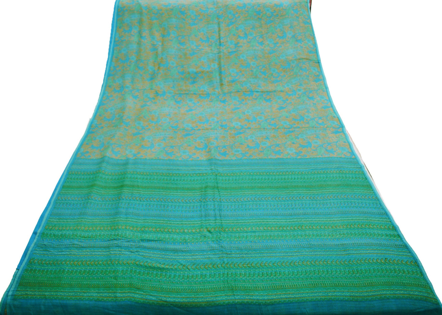 Women Vintage Sari Beige & Blue Pure Chiffon Silk Printed Saree Craft Fabric Sewing 5Yard Soft Light Dress Making Floral