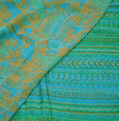 Women Vintage Sari Beige & Blue Pure Chiffon Silk Printed Saree Craft Fabric Sewing 5Yard Soft Light Dress Making Floral