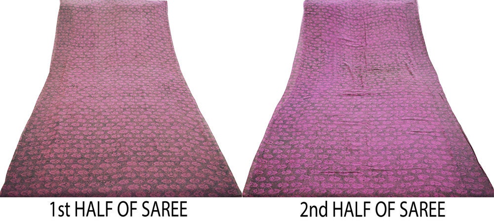 Indian Vintage Sari Purple & Pink 100% Pure Georgette Silk Block Printed Saree Craft Fabric Sewing 5Yard Soft Sari Dress Making