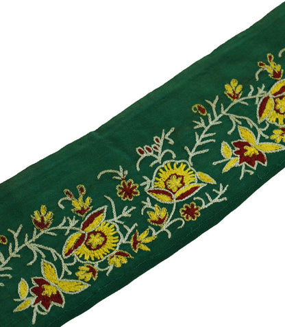 Indian Vintage Green Sari Border Hand Embroidered Indian Craft Trim Lace Sewing Sari Ribbon Pure Crepe silk