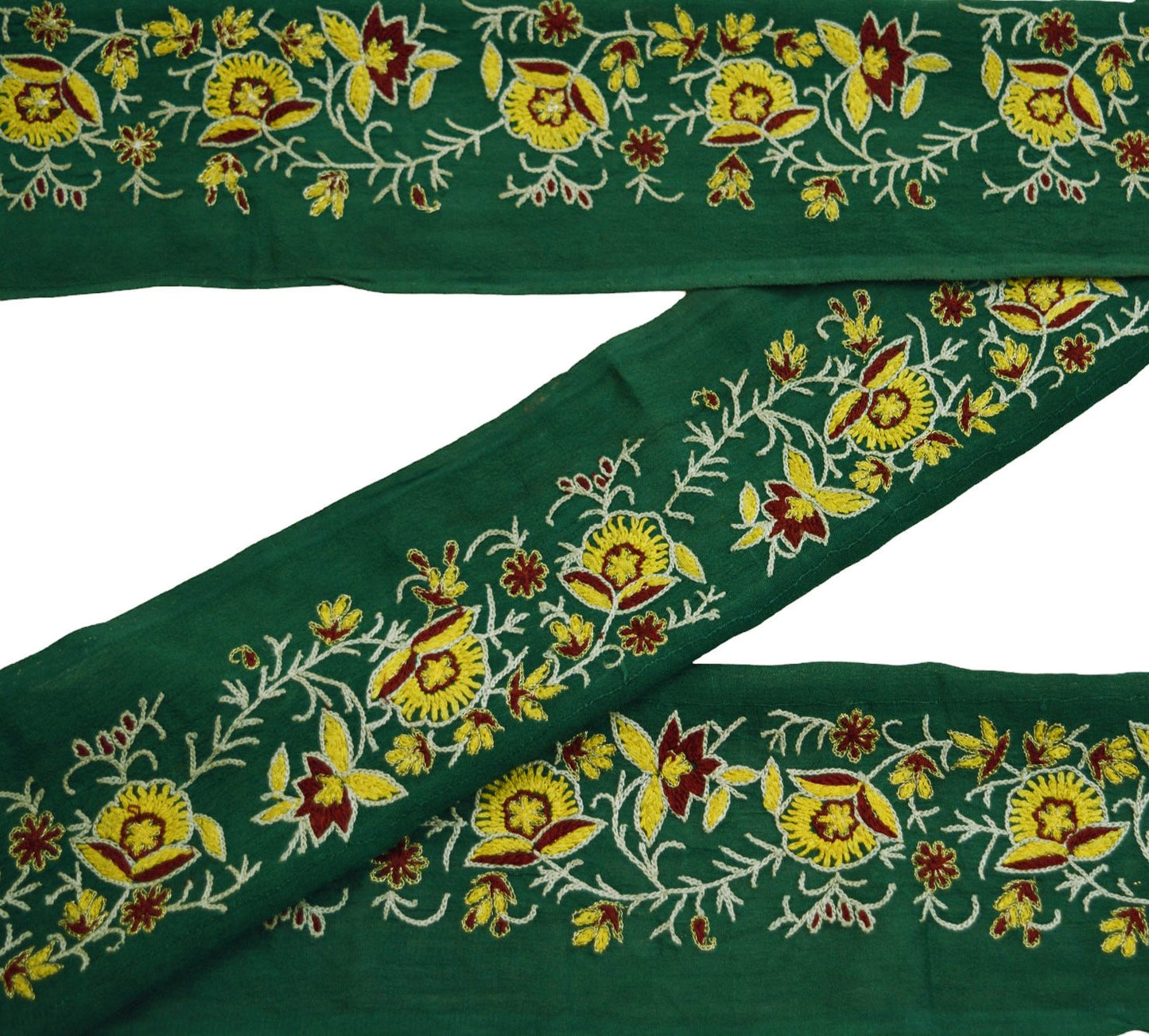 Indian Vintage Green Sari Border Hand Embroidered Indian Craft Trim Lace Sewing Sari Ribbon Pure Crepe silk