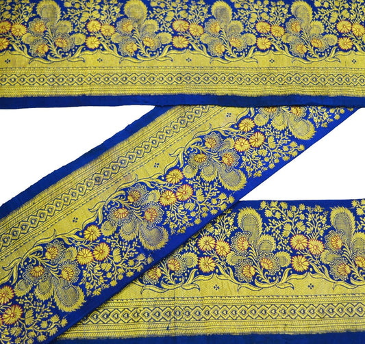 Indian Vintage Saree Border Blue Woven Banarasi Brocade Trim Craft Sewing Recycled Sari Border Golden Zari Pure Silk Home Decor Crafting