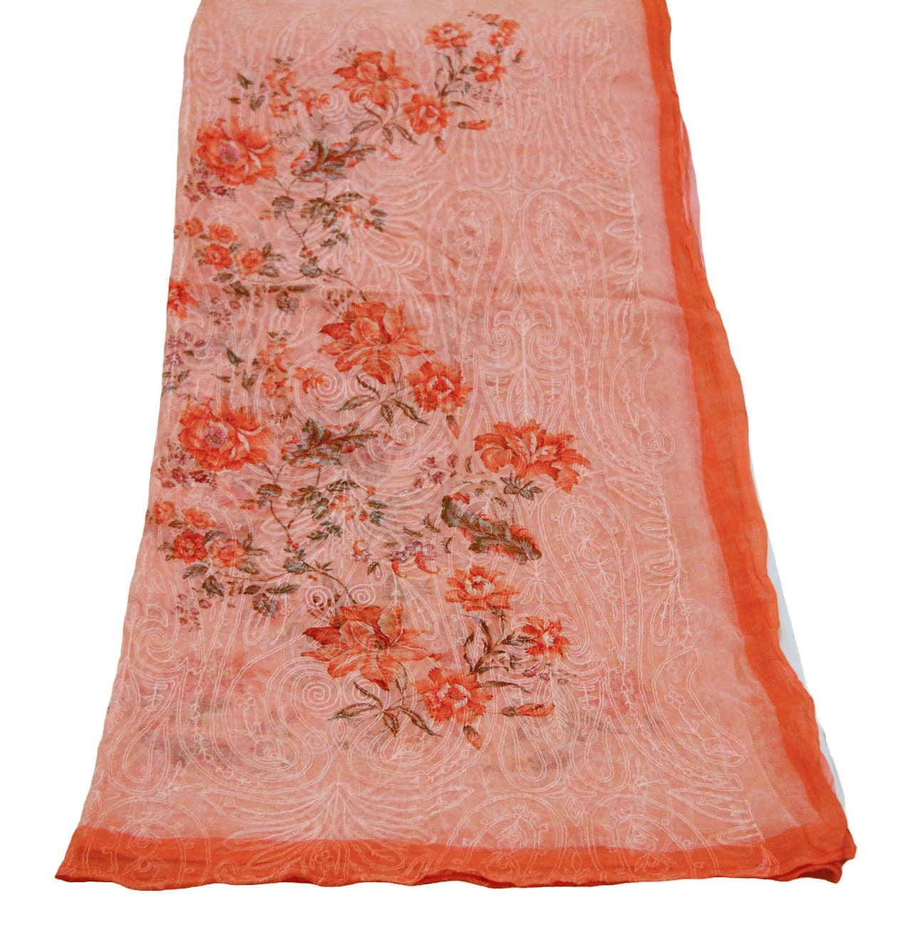 Indian Vintage Peach Dupatta Blend Chiffon Long Stole Embroidered Scarves Floral Design Stole Veil Wrap