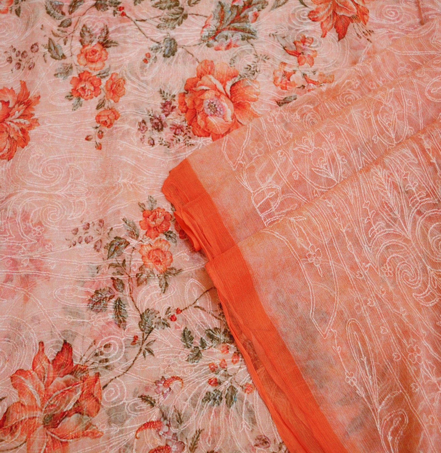 Indian Vintage Peach Dupatta Blend Chiffon Long Stole Embroidered Scarves Floral Design Stole Veil Wrap