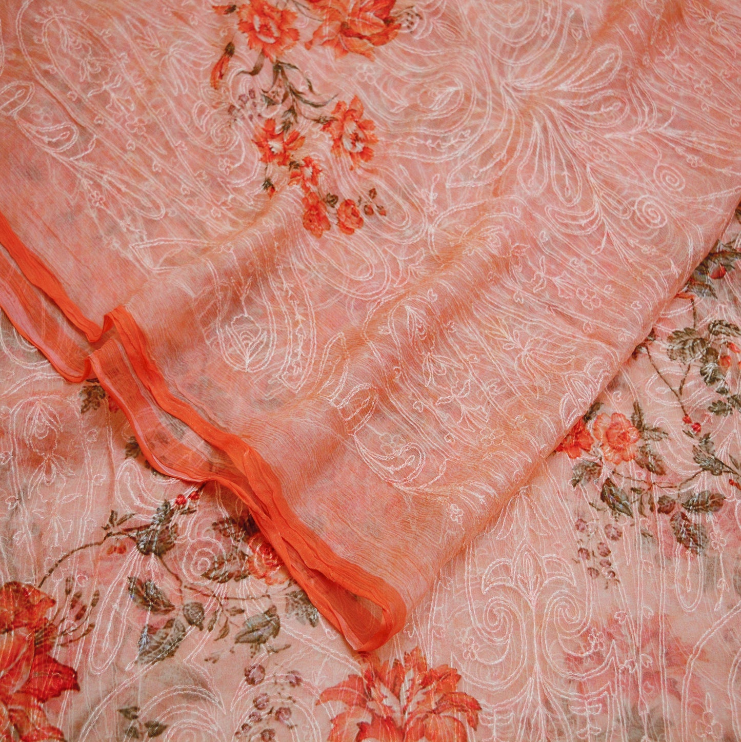 Indian Vintage Peach Dupatta Blend Chiffon Long Stole Embroidered Scarves Floral Design Stole Veil Wrap