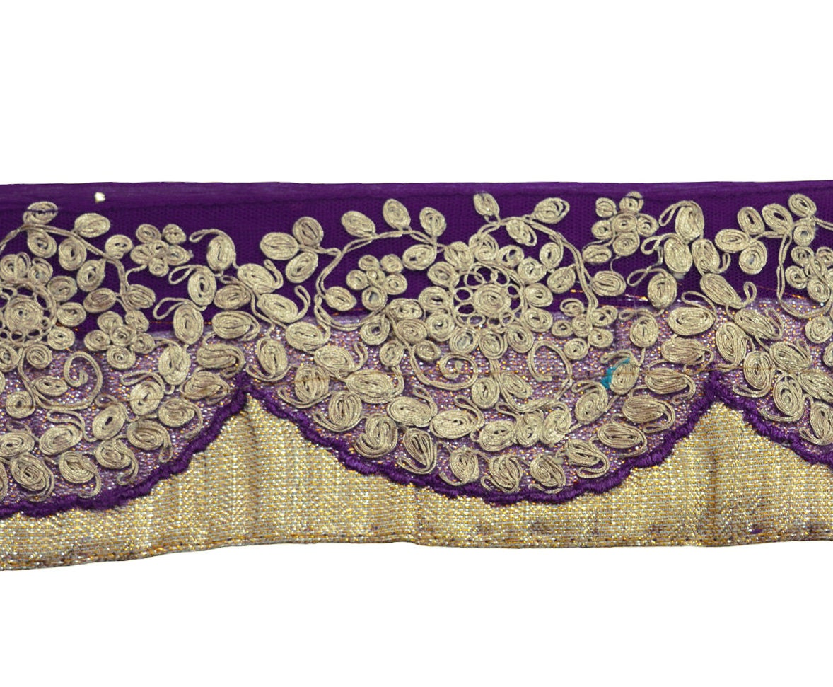 Indian Vintage Purple Sari Border Pure Chiffon Silk Hand Embroidered Indian Craft Trim Lace Sewing Sari Ribbon Recycled