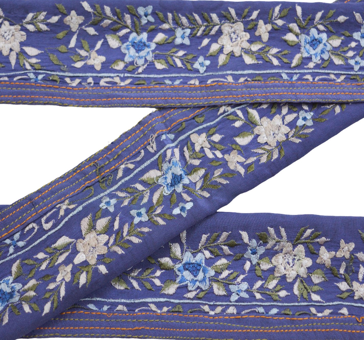 Indian Vintage Blue Saree Border Hand Embroidered Indian Craft Trim Lace Sewing Sari Ribbon Pure Crepe silk