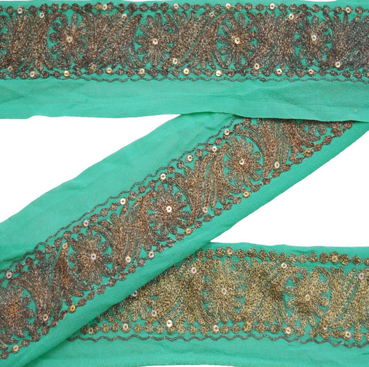 Indian Vintage Green Sari Border Hand Embroidered Indian Craft Trim Lace Sewing Pure Georgette Silk Ribbon Recycled Sari Border Decor