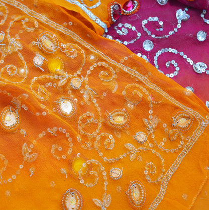 Indian Vintage Orange & Purple Dupatta Pure Georgette silk Long Stole Hand Embroidered Scarves Stole Veil Wrap Sequins