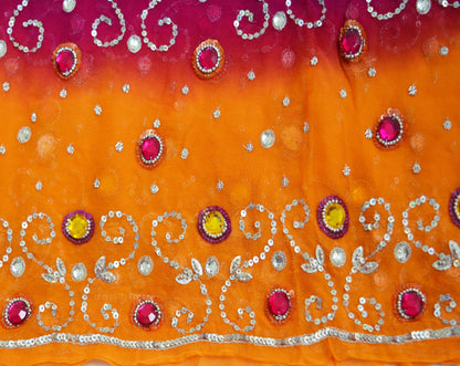 Indian Vintage Orange & Purple Dupatta Pure Georgette silk Long Stole Hand Embroidered Scarves Stole Veil Wrap Sequins