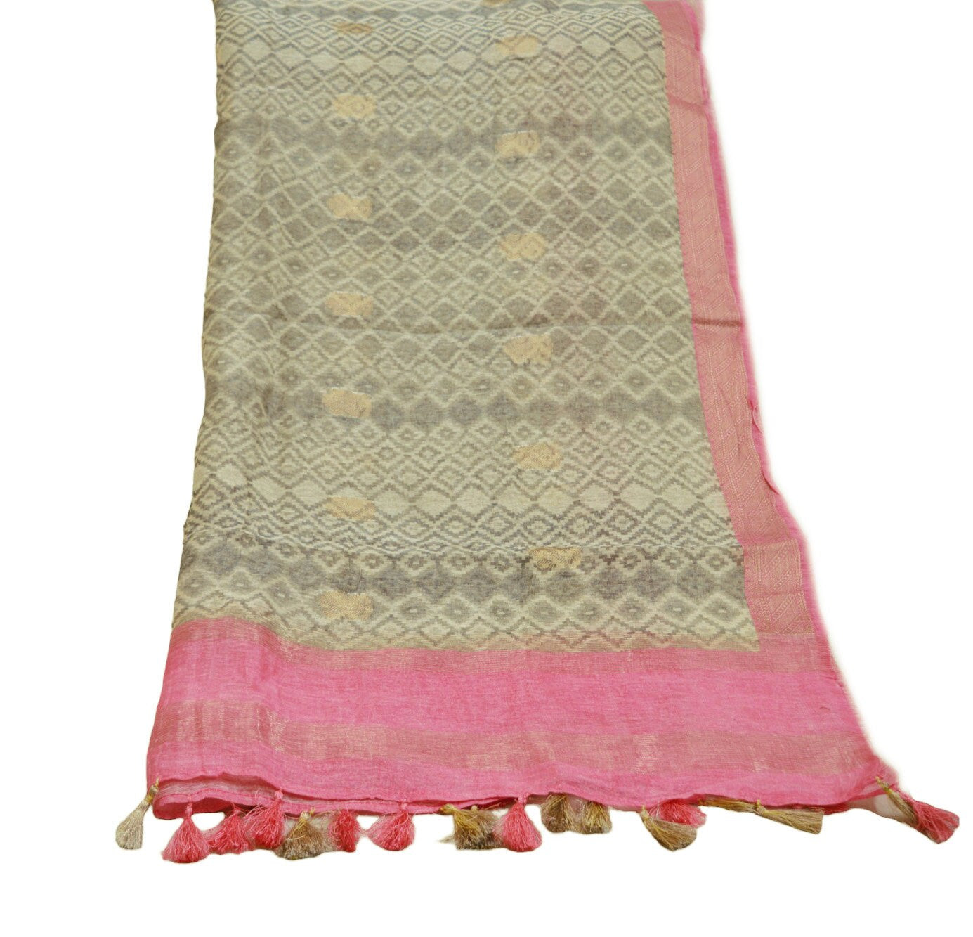 Indian Ivory & Gray Vintage Dupatta Long Stole Printed Woven Pure Silk Indian Scarves Veil Golden Zari Soft Fringes