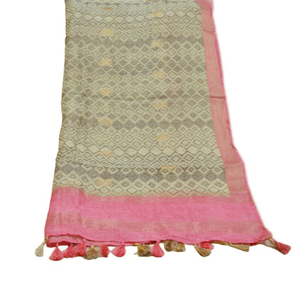 Indian Ivory & Gray Vintage Dupatta Long Stole Printed Woven Pure Silk Indian Scarves Veil Golden Zari Soft Fringes