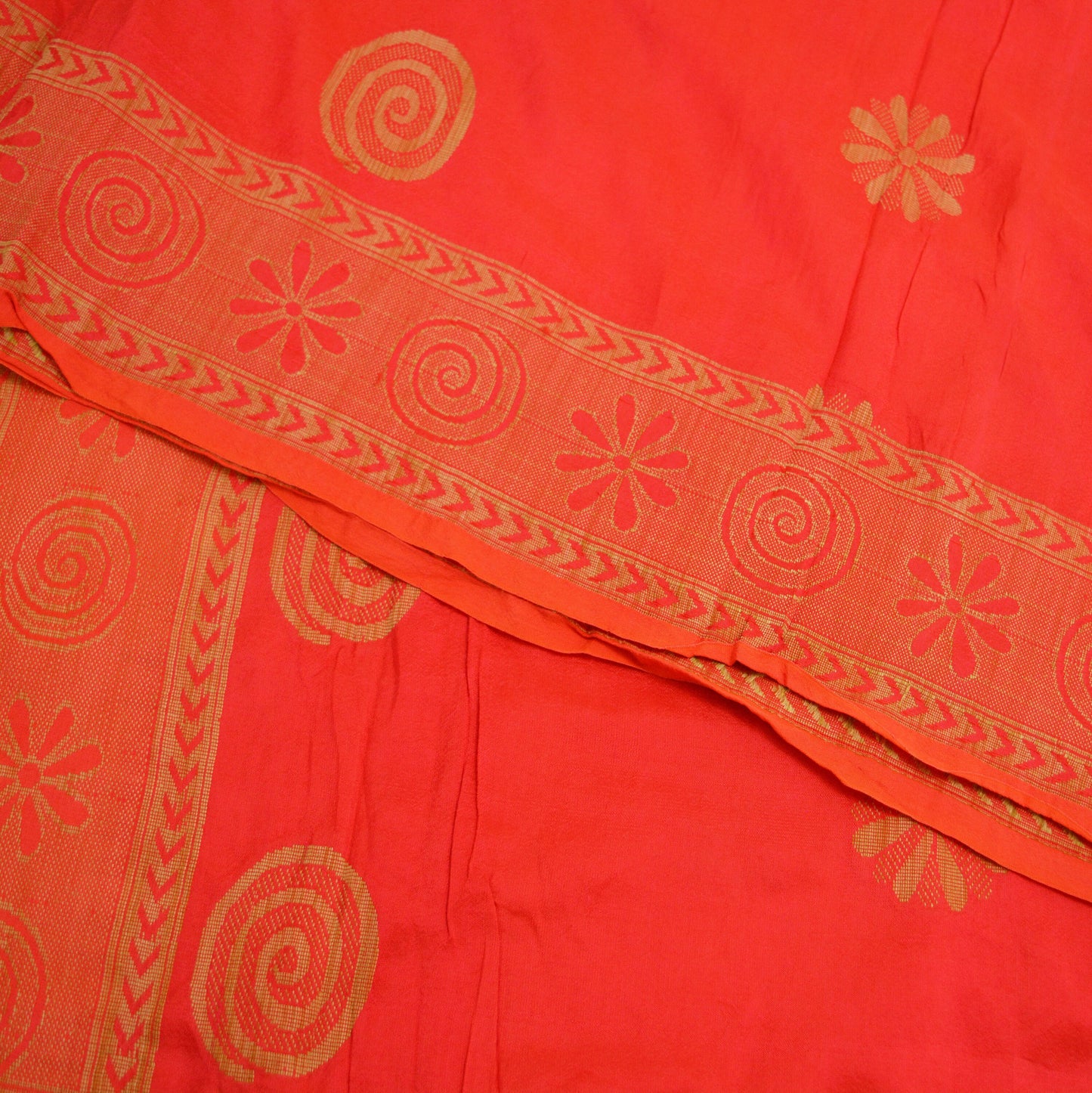 Indian Vintage Sari Red & Orange Pure Silk Hand Woven Saree  Fabric 5Yard Sewing Ethnic Floral