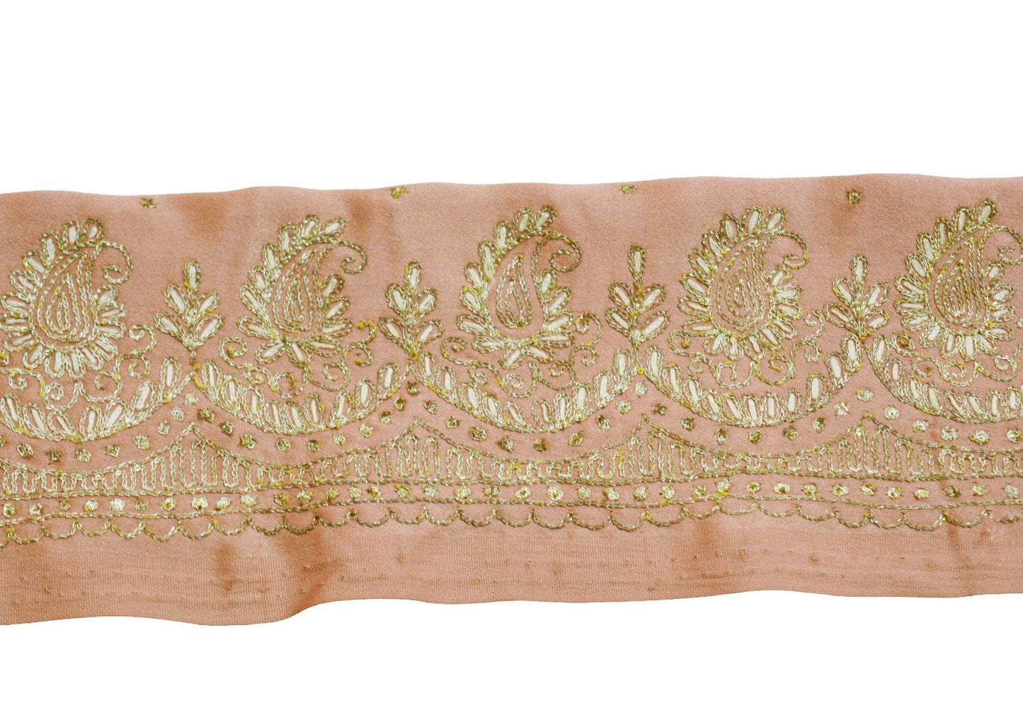 Indian Vintage Peach Sari Border Hand Embroidered Indian Craft Trim Lace Sewing Sari Ribbon Satin Zari