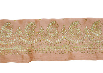 Indian Vintage Peach Sari Border Hand Embroidered Indian Craft Trim Lace Sewing Sari Ribbon Satin Zari