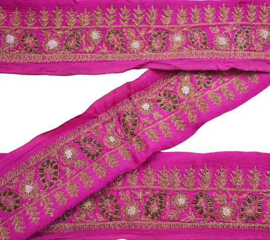 Indian Vintage Pink Sari Border Hand Embroidered Indian Craft Trim Lace Sewing Sari Ribbon Pure silk  Zardozi/Dabka Zari