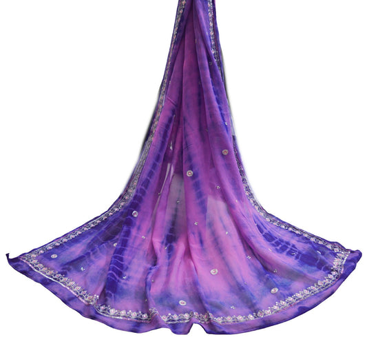 Indian Vintage Dupatta Pure Georgette silk Long Stole Hand Embroidered Tie-Dye Scarves Floral Design Stole Veil Wrap