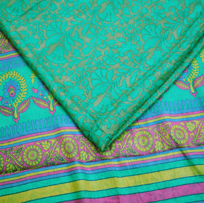 Indian Vintage Sari Green Pure Silk Printed Saree Fabric 5yd Sewing Craft DressMaking  Soft Floral Design