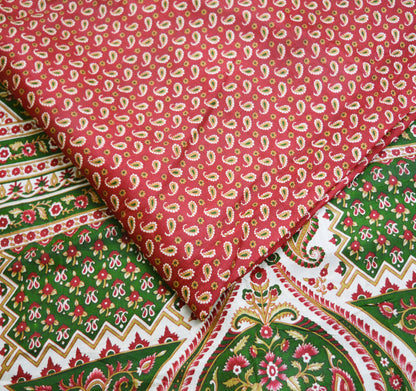 Indian Vintage Sari Red & Green Pure Silk Printed Saree Fabric 5yard Sewing Craft Fabric DressMaking Wrap