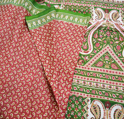 Indian Vintage Sari Red & Green Pure Silk Printed Saree Fabric 5yard Sewing Craft Fabric DressMaking Wrap