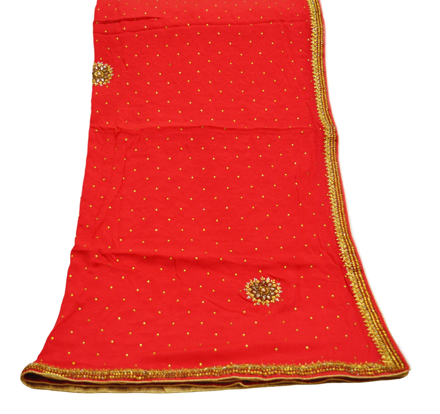 Indian Vintage Heavy Red Dupatta Pure Silk Long Stole Hand Embroidered Scarves Glass Beaded Zari Stole