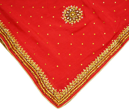 Indian Vintage Heavy Red Dupatta Pure Silk Long Stole Hand Embroidered Scarves Glass Beaded Zari Stole