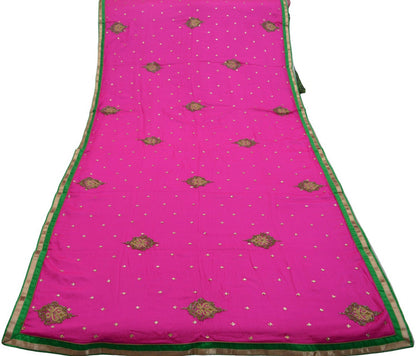 Indian Vintage Pink Heavy Green Dupatta Pure Silk Long Stole Hand Embroidered Scarves Sequins