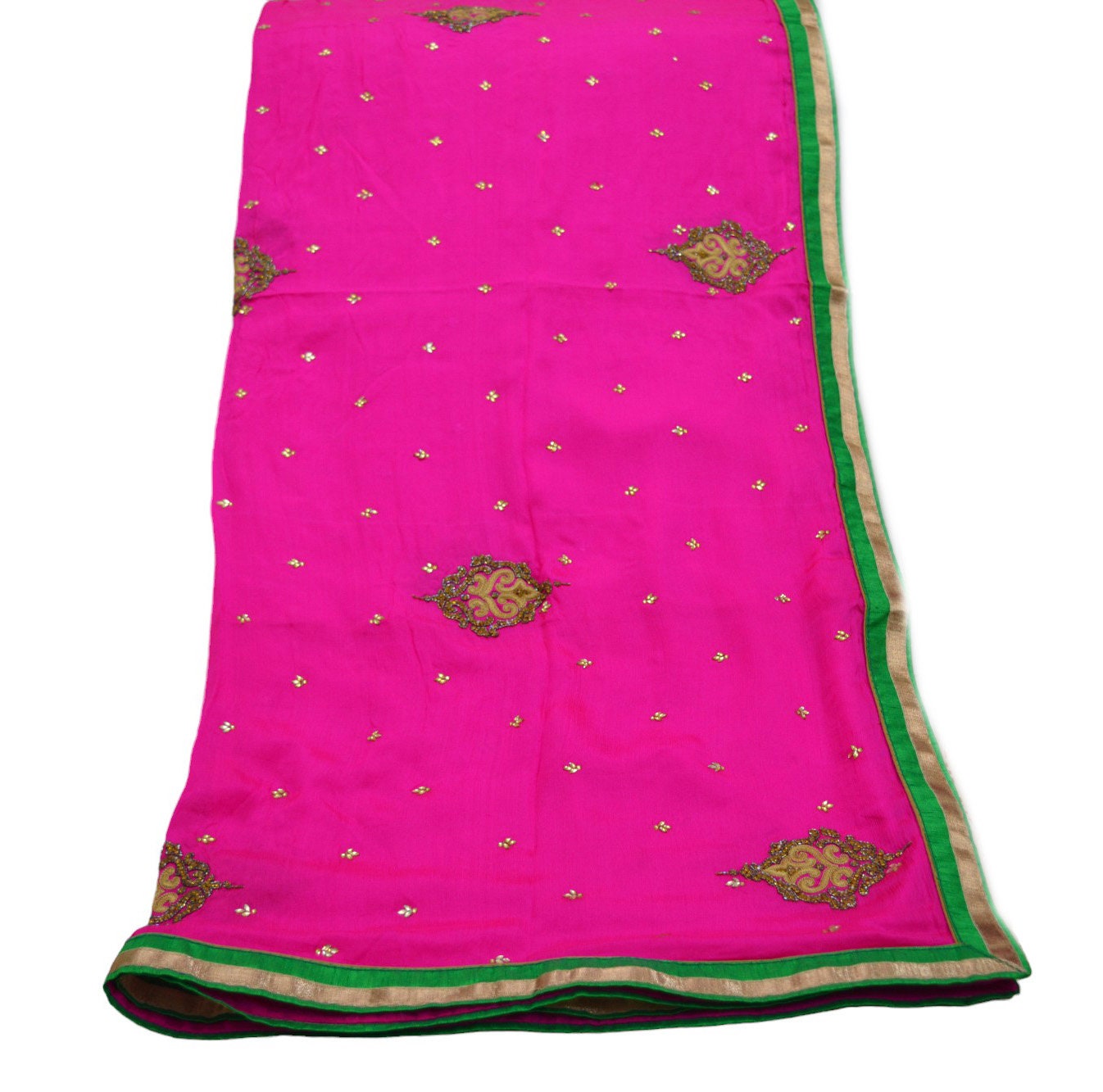 Indian Vintage Pink Heavy Green Dupatta Pure Silk Long Stole Hand Embroidered Scarves Sequins