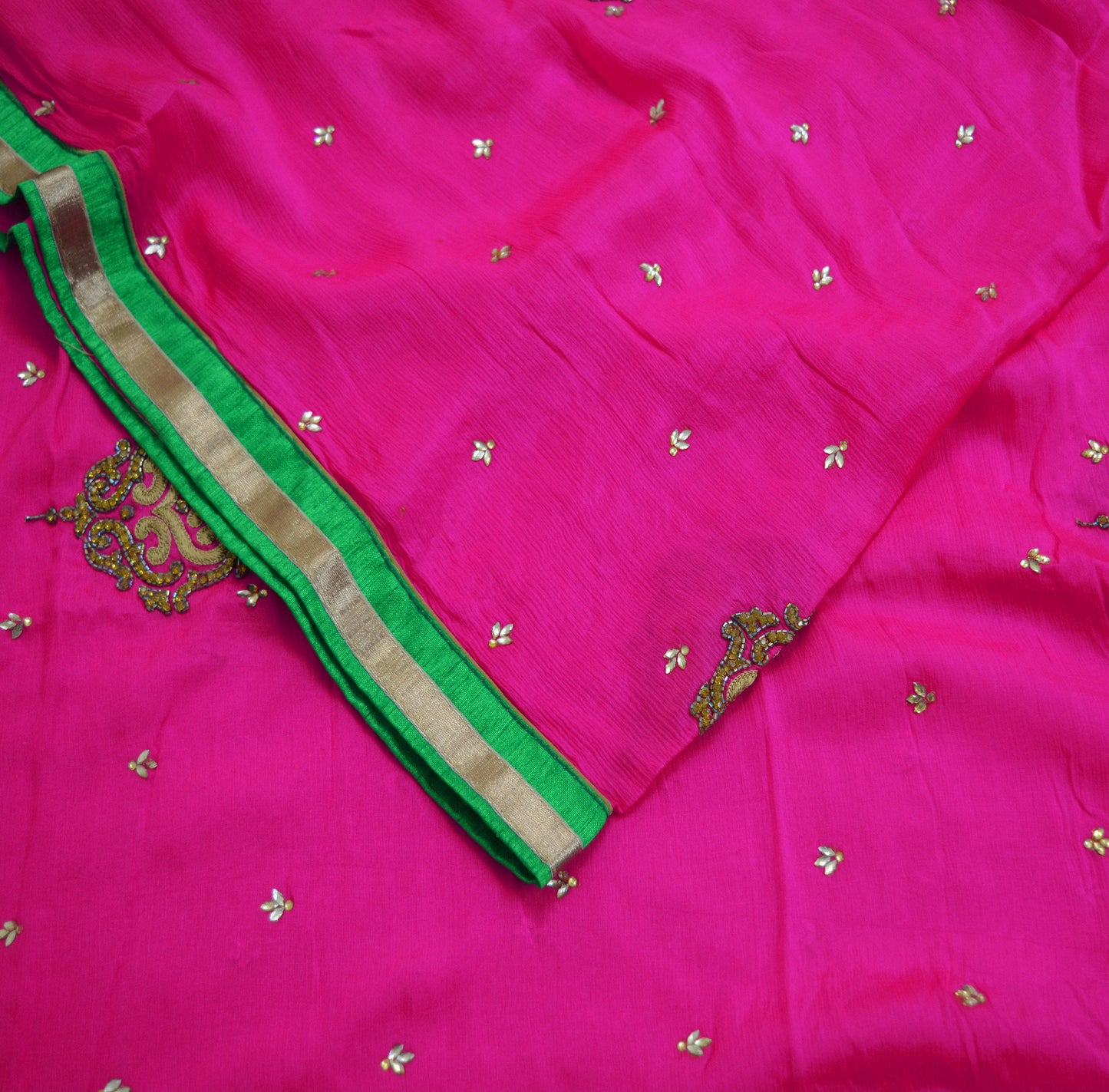 Indian Vintage Pink Heavy Green Dupatta Pure Silk Long Stole Hand Embroidered Scarves Sequins