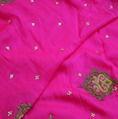 Indian Vintage Pink Heavy Green Dupatta Pure Silk Long Stole Hand Embroidered Scarves Sequins