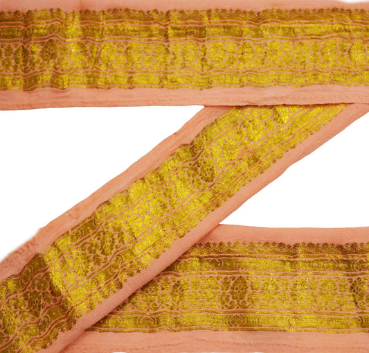 Indian Vintage Peach Sari Border Woven Banarasi Brocade Trim Craft Sewing Recycled Sari Border Golden Zari Pure Silk Home Decor Crafting