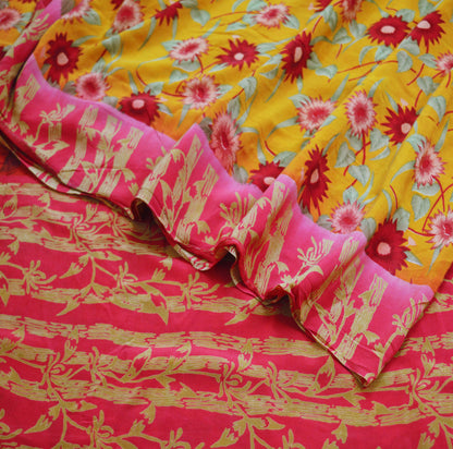 Indian Vintage Sari Mustard Pure Crepe Silk Printed Saree 5yard Sewing Floral Soft Craft Fabric Wrap