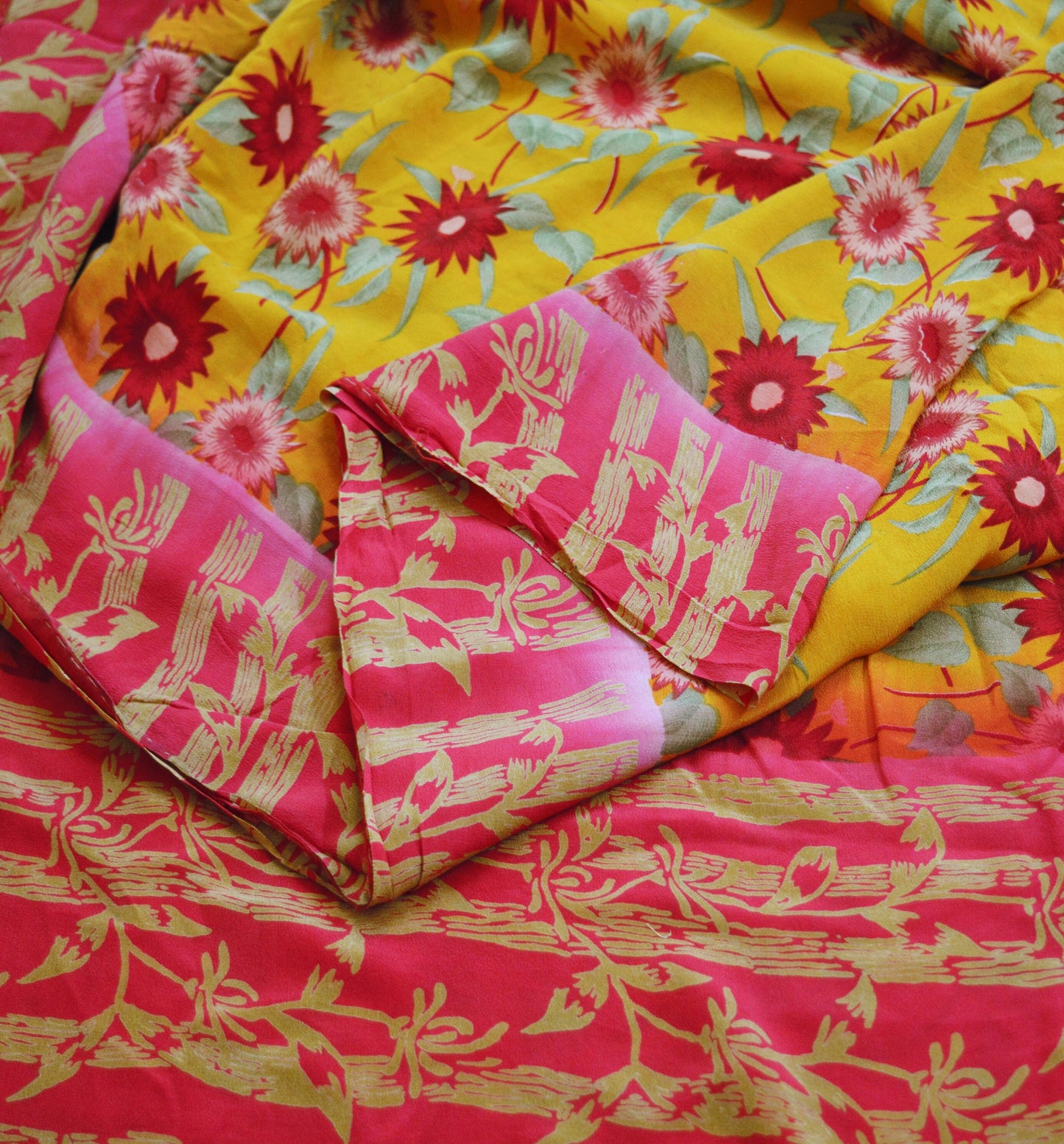 Indian Vintage Sari Mustard Pure Crepe Silk Printed Saree 5yard Sewing Floral Soft Craft Fabric Wrap