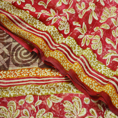 Women Vintage Sari Red 100% Pure Georgette Silk Block Printed Saree Craft Fabric Sewing 5Yard Soft Sari Dress Making