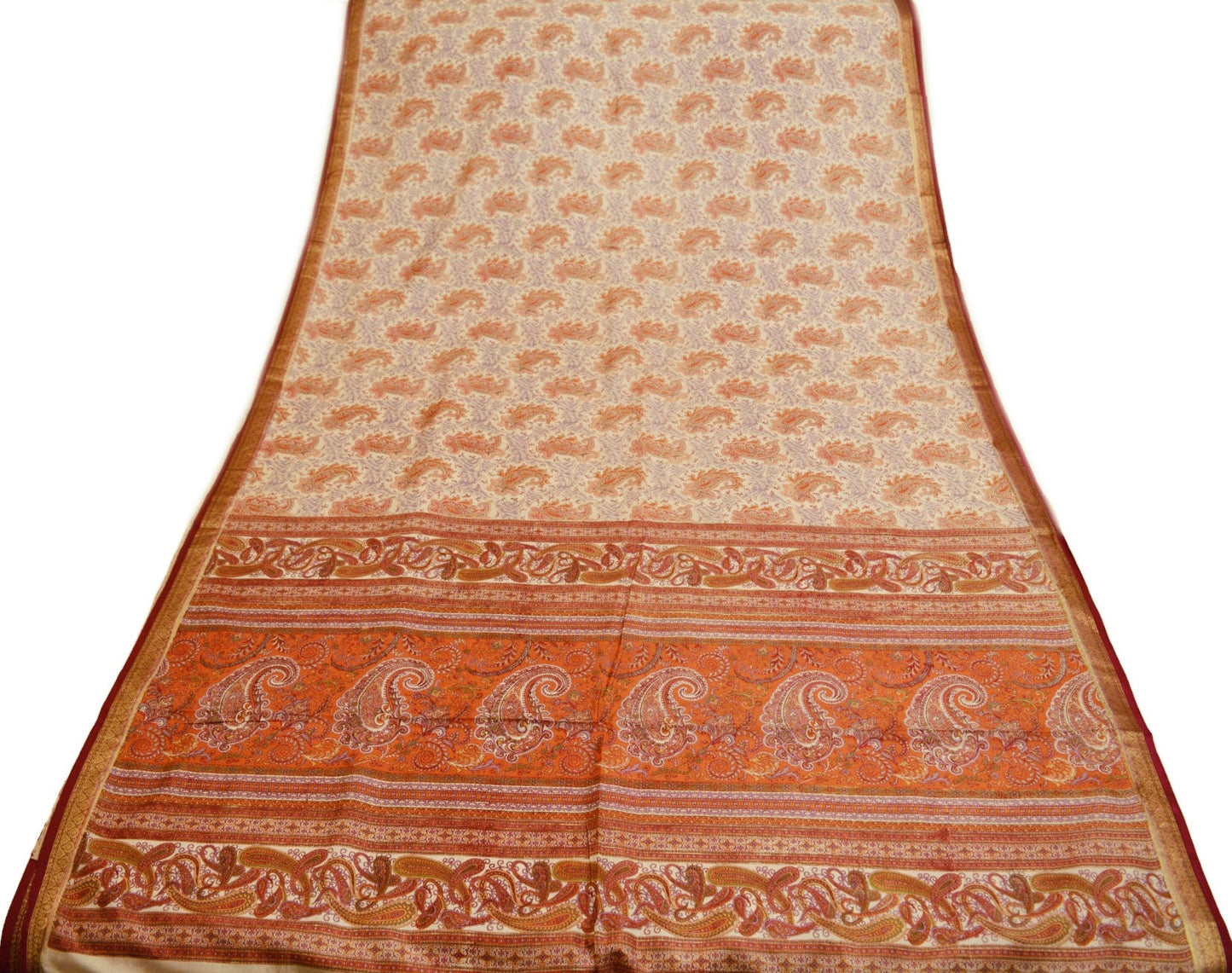 Indian Vintage Sari Ivory Pure Silk Printed Saree Fabric 5yd Sewing Zari Border Craft Fabric DressMaking Soft