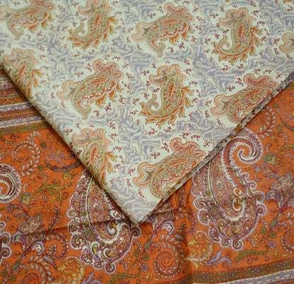 Indian Vintage Sari Ivory Pure Silk Printed Saree Fabric 5yd Sewing Zari Border Craft Fabric DressMaking Soft