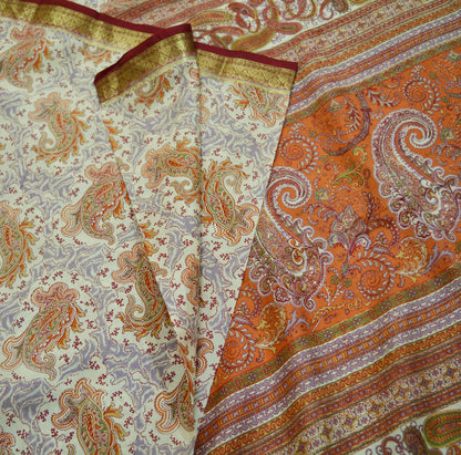 Indian Vintage Sari Ivory Pure Silk Printed Saree Fabric 5yd Sewing Zari Border Craft Fabric DressMaking Soft