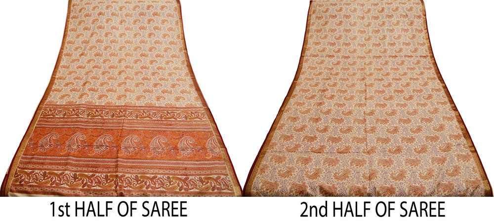 Indian Vintage Sari Ivory Pure Silk Printed Saree Fabric 5yd Sewing Zari Border Craft Fabric DressMaking Soft