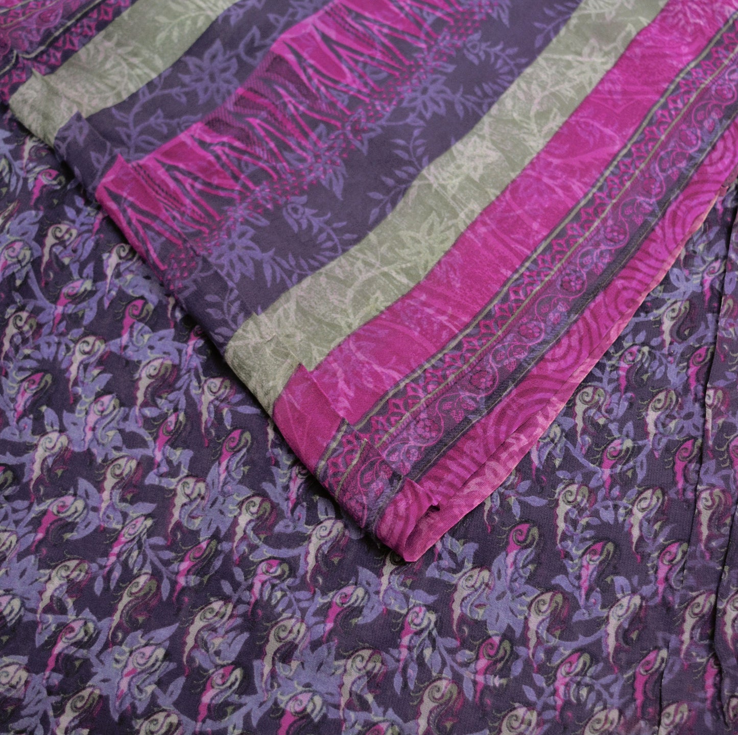 Women Vintage Sari Purple 100% Pure Georgette Silk Printed Saree Craft Fabric Sewing 5Yard Soft Sari Dress Making