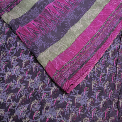 Women Vintage Sari Purple 100% Pure Georgette Silk Printed Saree Craft Fabric Sewing 5Yard Soft Sari Dress Making