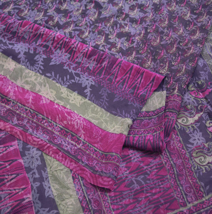 Women Vintage Sari Purple 100% Pure Georgette Silk Printed Saree Craft Fabric Sewing 5Yard Soft Sari Dress Making